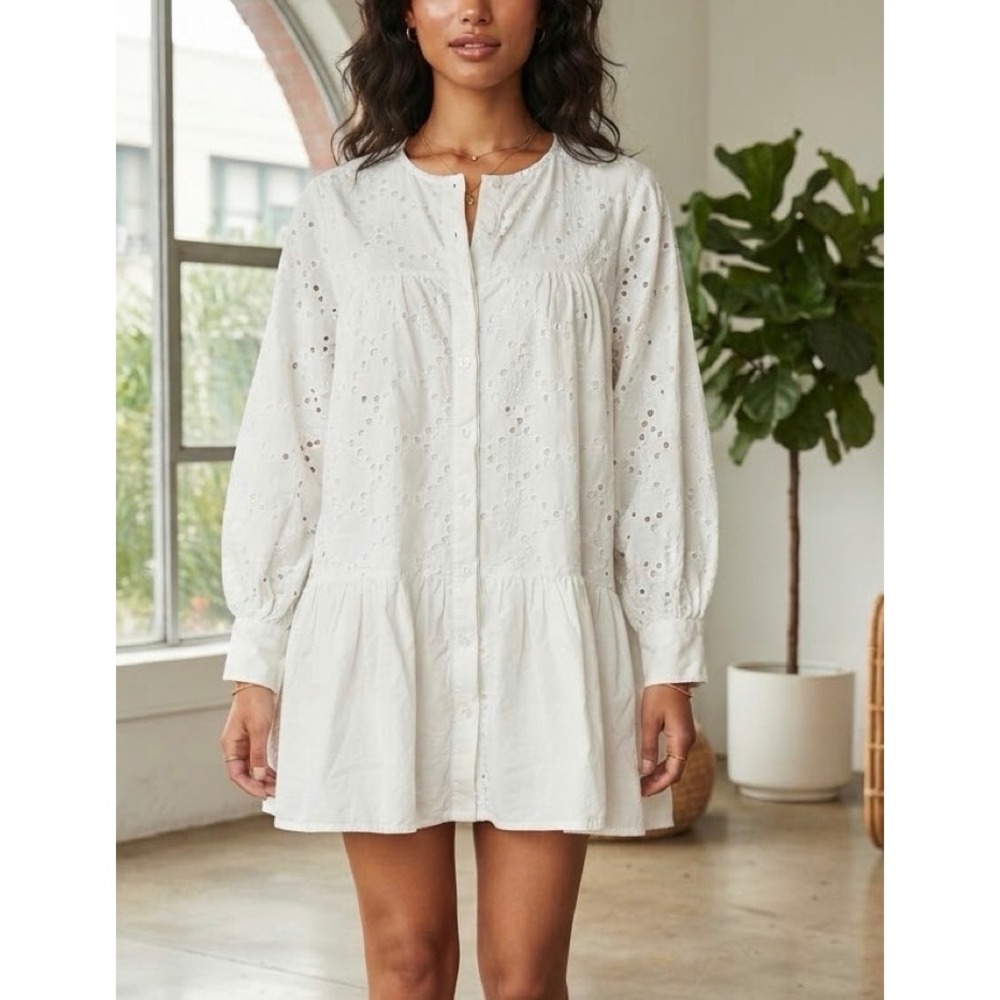 Sirena White Cotton Eyelet Mini Dress Oversized Boxy Peplum Ruffle Small